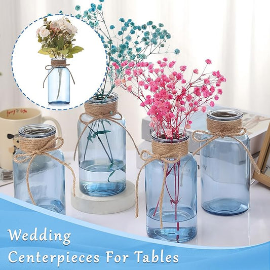 Blue Glass Flower Vases for Centerpieces Set of 6, Mason Jars Boho Cylinder Bud Vases in Bulk, for Weddings Parties Vintage Home Decor