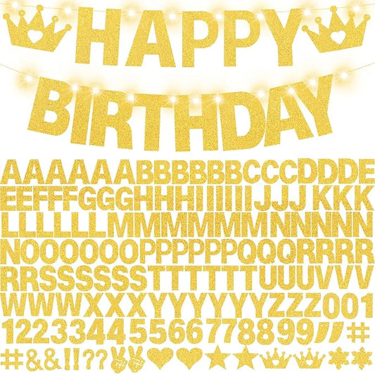167Pcs DIY Glitter Customizable Banner Kit Custom Banner Happy Birthday Personalized Letter Banners Decor for Christmas Baby Shower Birthday Party Decorations Supplies(Glitter Gold）