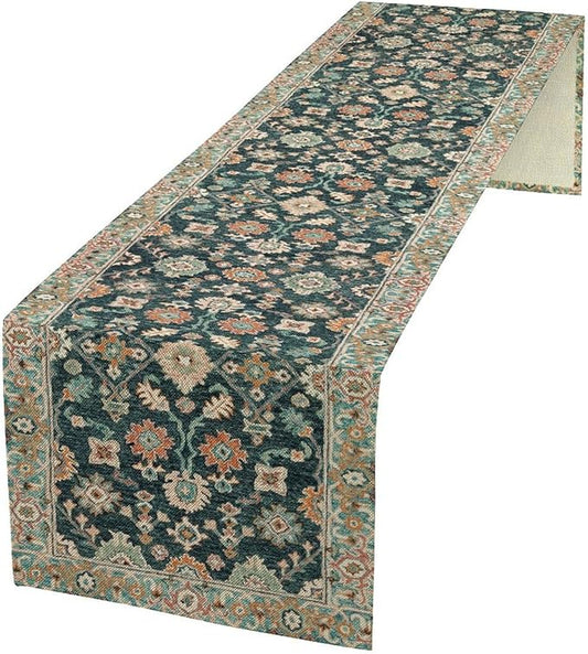 Vintage Boho Floral Table Runner, Rustic Country Farmhouse Blue Teal Red Bohemia Flower Pattern for Home Kitchen Table Decor Dining Coffee Room Party Decor 13x36in