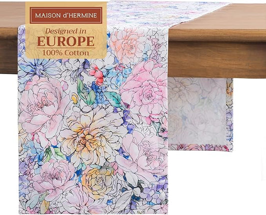 Maison d' Hermine Table Runner 100% Cotton Single Layer Table Runners 108 inches Long Decorative for Home Kitchen Dining Party Wedding Bridal Shower Spring Summer (Floral Love, 14.50" x 108")