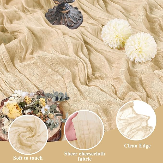 Asee'm 12pcs Cheesecloth Table Runner 120 Inches Long Sand Boho Gauze Cheese Cloth Runner 10FT Rustic Sheer Table Runners for Christmas Wedding Party Baby Shower Spring Easter Decoration
