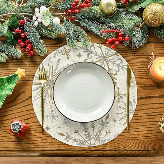 Artoid Mode Beige Snowflake Let It Snow Winter Placemats Set of 6, 14 Inch Seasonal Christmas Xmas Round Table Mats for Dining Decoration