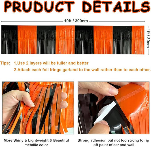 4 Pack 10 Feet Black Orange Halloween Parade Float Decorations for Trailer Car, Foil Fringe Tinsel Streamers Banner Garland for Halloween Graduation Homecoming Party Decoration (Black Orange)