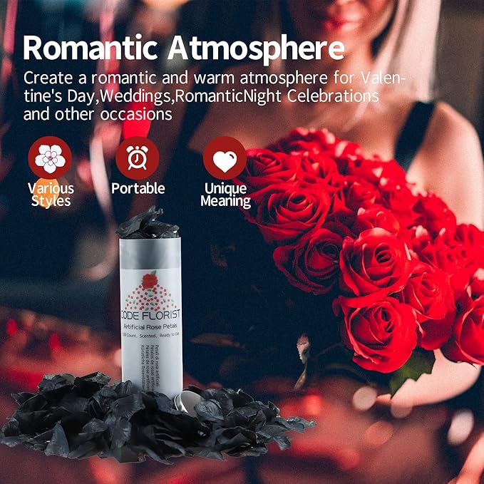 CODE FLORIST 1500 PCS Black Silk Rose Petals,Romantic Night,Wedding,Proposal Anniversary Flower Decorations(Separated,Scented)