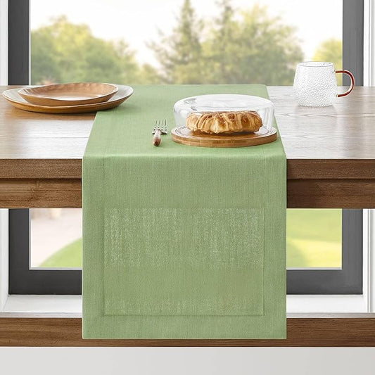 ZeeMart Linen Textured Border Table Runner, 14 x 48 Inch Green, Farmhouse Style Sage Green Table Runners 48 Inches Long, Easy Care Everyday Polyester Table Runner