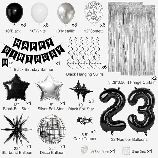 23rd Birthday Decorations for Men Women, Black Silver Happy Birthday Party Decorations， 23 Year Old Party Supplies with Number 23 Balloons, Banner, Fringe Curtains Kit