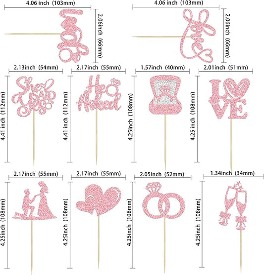 Ephlyn 30Pcs He Asked She Said Yes Cupcake Toppers Glitter Engagement Cupcake Toppers Diamond Ring Heart Love I Do Cupcake Picks for Engagement Wedding Party Cake Decorations Pink