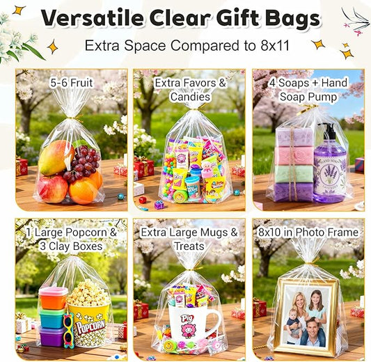 PigPotParty 12"x 16", 100Pcs Bottom Gusset Bags, Clear Plastic Cellophane Mug Treat Goodie Gift Bags with 100x Twist Ties, Large Party Favor Packaging, Toy Wrapping (No Side Gusset)