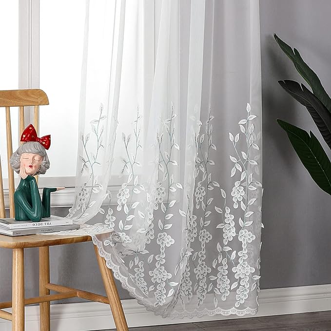 VISIONTEX White Sheer Voile Curtains, Decorative White Embossed Drip Rod Pocket Window Drapes for Home Kitchen, Living Room and Bedroom 54 x 63 Inch, Set of 2 Curtain Panels