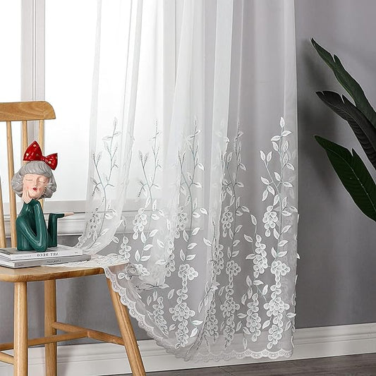 VISIONTEX White Sheer Voile Curtains, Decorative White Embossed Drip Rod Pocket Window Drapes for Home Kitchen, Living Room and Bedroom 54 x 63 Inch, Set of 2 Curtain Panels