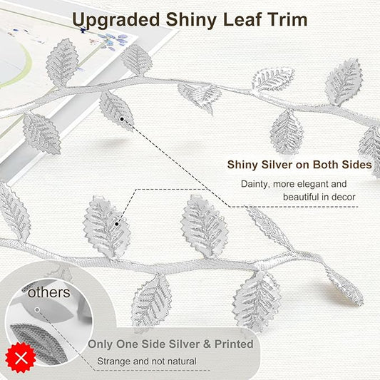 Naidiler Leaf Ribbon, Artificial Vines Leaves String Trim Ribbon Wild Jungle Botanical Greenery for Baby Shower Party Wedding Home Wreaths & DIY Craft (Silver 120Ft)