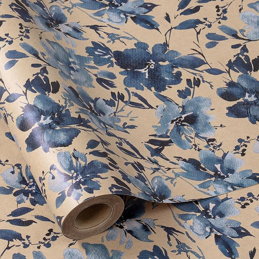 RUSPEPA Blue Floral Wrapping Paper Roll, 17 in x 16.4 ft, Mini Roll, Indigo Gift Wrap, Watercolor Flower Kraft Wrapping Paper Roll for Girls, Women, Spring, Wedding and Birthday