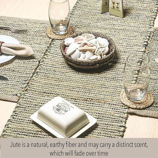 Chardin Home Natural Jute Table Runner 13x72 Inch – Vintage Boho Rustic Table Decor – Handwoven Table Runner in Natural Jute and Green – Farmhouse Dining or Console Table Accent