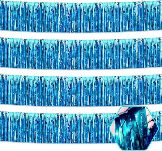 4 Pack 10 Feet Lake Blue Foil Fringe Garland Metallic Tinsel Streamers Banner Wall Hanging Curtain Backdrop for Parade Floats, Wedding, Graduate, Mother's Day, Birthday Party Decoration