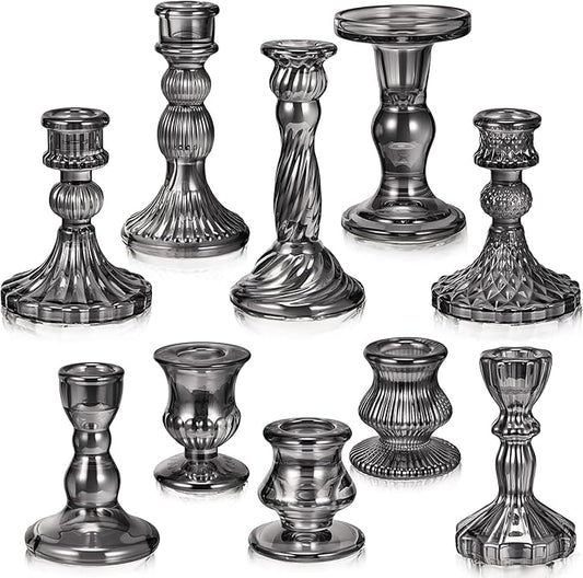 Mumufy 10 Pcs Glass Crystal Taper Candle Holders Clear Glass Candlestick Holder Fit 0.8 Inch Candles Crystal Decorative Candle Stand Centerpiece Table Wedding Dining Party (Classic,Black)