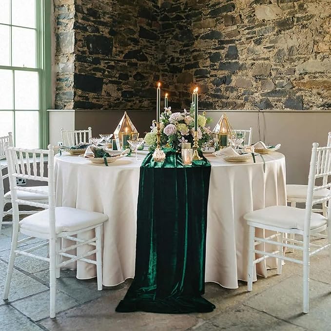 Luxurious Velvet Table Runner, 10ft Wedding Reception Decorations, 20x120inch Soft Velvet Fabric, Table Linen Overlay, Wedding Table Runners (Emerald Green, 20X120inch, 5pack)