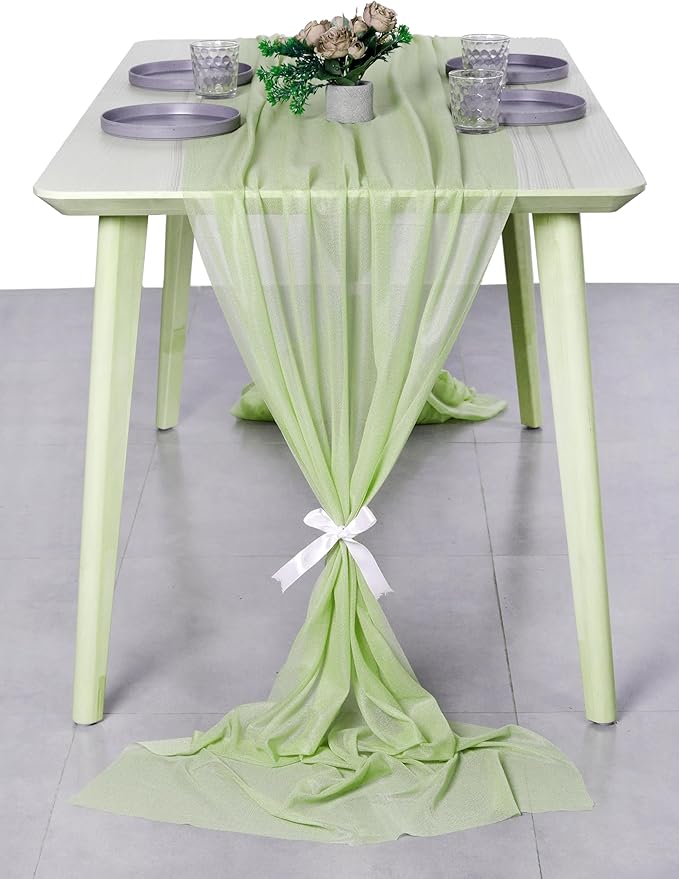 MDS 2 Pack 14ft Chiffon Table Runner 29 x 170 Inches Sheer Wedding Runner Romantic Rustic Table Runner for Wedding Decorations, Birthday Parties, Bridal Shower Party Arch Decor - Sage Green