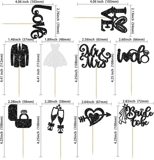 Ephlyn 30Pcs Bride to be Cupcake Toppers Glitter Wedding Cake Topper Decorations I Do Love Heart Ring Cupcake Picks for Bridal Shower Wedding Engagement Party Supplies Black