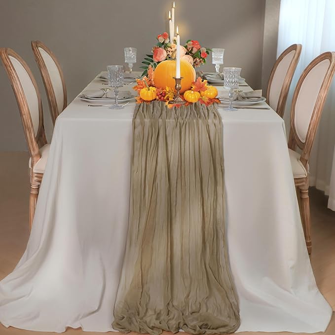 Snowkingdom 10 FT Nude Brown Cheesecloth Table Runner, 120 inch Long Cheese Cloth Boho Rustic Gauze Sheer Runner for Wedding Party Baby Shower Birthday Christmas Holiday Table Decorations