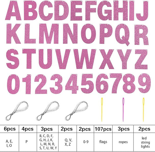 TaoBary 112 Pcs DIY Letter Kit Glitter Customizable Banner Letters Include 107 Letters and Numbers 3 Rope and 2 Needles for Birthday Halloween Christmas Wedding Valentine Party Decor(Pink)