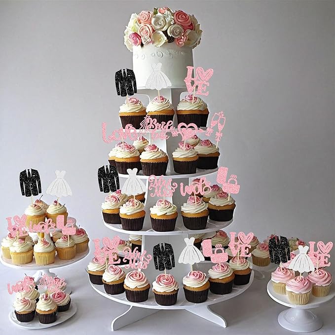 Ephlyn 30Pcs Bride to be Cupcake Toppers Glitter Wedding Cake Topper Decorations I Do Love Heart Ring Cupcake Picks for Bridal Shower Wedding Engagement Party Supplies Pink