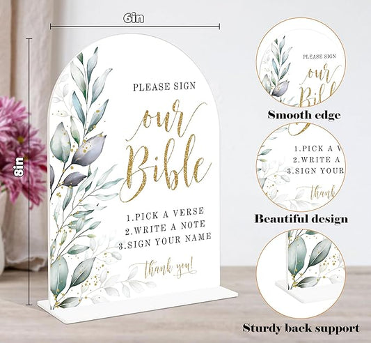 Acrylic Wedding Signs, Greenery Theme Please Sign Our Bible, Wedding Reception Signage, Bridal Shower Table Decor with Stand, Engagement, Anniversary, Newlywed Events and Parties Supplies, 11