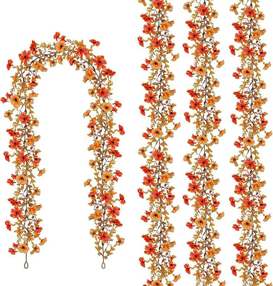 4 Pack Artificial Fall Flowers Garland, 6 FT Fall Decorations Fake Mums Floral Vines UV Resistant Faux Hanging Flower Ivy Garland for Home Party Table Wall Decor (Orange + Autumn Yellow)