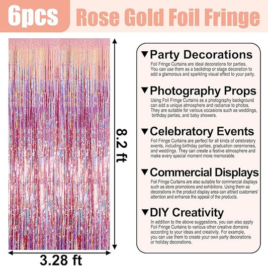 6 Pack Rose Gold Foil Fringe Curtain Backdrop, 3.28Ft x 8.2Ft Metallic Tinsel Foil Fringe Streamer Curtains for Photo Booth, Birthday, Wedding, New Year Party Decorations