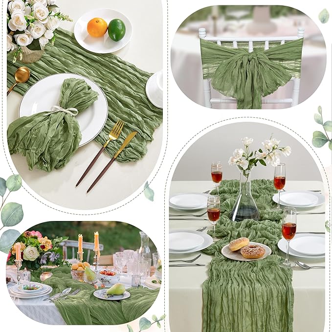 12 Pack Sage Green Cheesecloth Table Runner 10FT Long Boho Gauze Table Runner Rustic Sheer Runner for Wedding Bridal Baby Shower Birthday Party Table Decor Thanksgiving Christmas Decorations