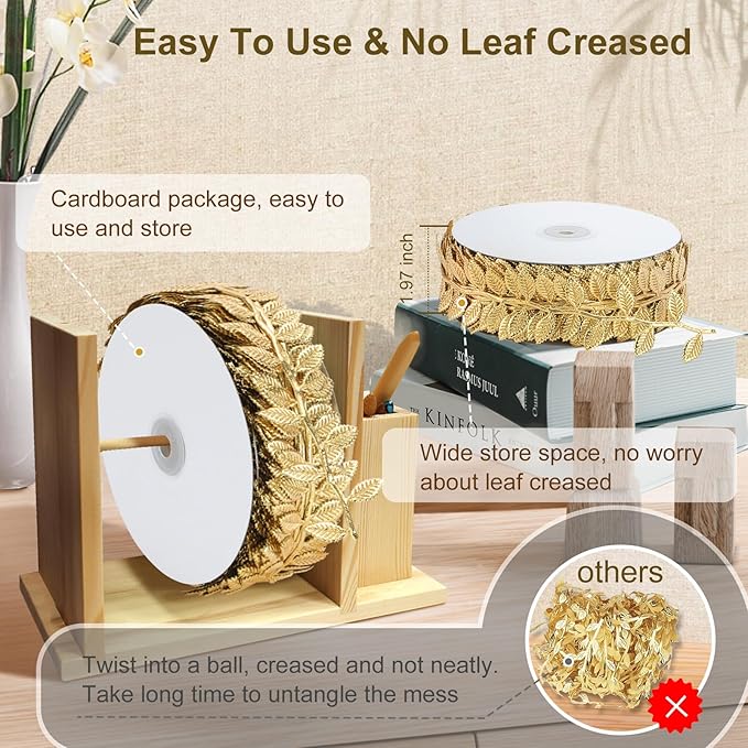 Naidiler Gold Leaf Ribbon, 20 Yards Artificial Gold Leaf Trim for DIY Crafts, Wrapping, Wedding Cake Baby Shower Party Wreath Garland Hair & Clothes Home Décor