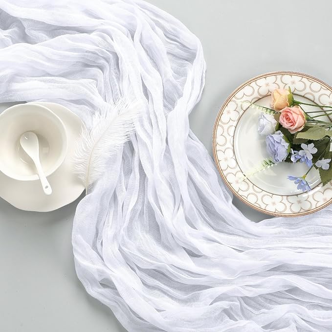 6 Pack White Cheesecloth Table Runner 10ft Boho Gauze Fabric Cheese Cloth Table Runner 35 x 120 Inch Rustic Sheer Runner for Romantic Wedding Decor Baby Shower Party Table Centerpiece Decoration