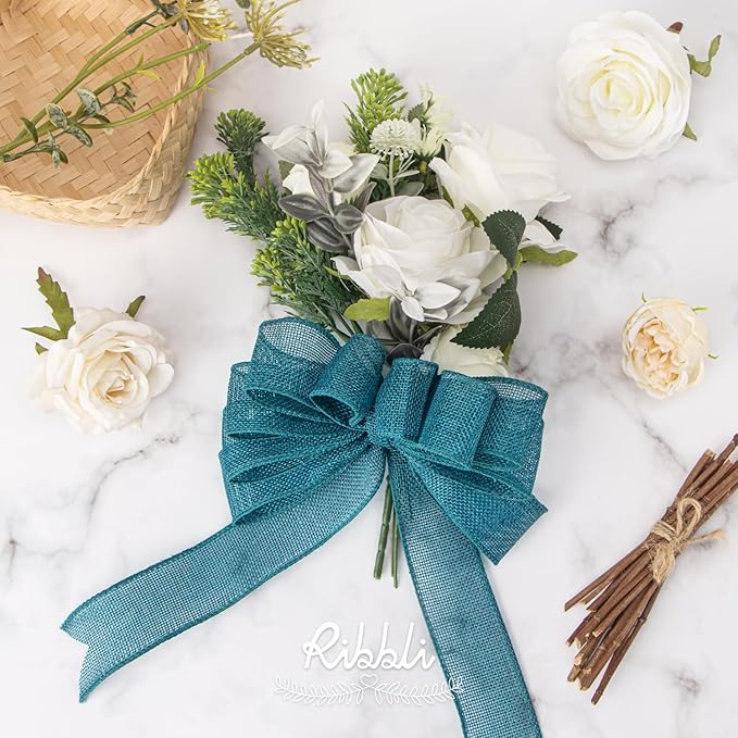 Ribbli Turquoise Green/Teal Burlap Wired Ribbon,1-1/2 Inch x 10 Yard, Wired Edge Ribbon for Big Bow,Wreath,Tree Decoration,Outdoor Decoration