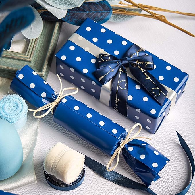 Flyhill Navy Blue Wrapping Paper,Reversible Gift Wrap Paper with Polka Dot Design for Father's Day,Birthday,Wedding,Baby Shower,All Holidays(17 Inch X 32.8 Feet)