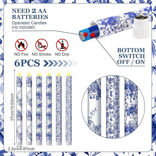 Baquler 6 Pcs Chinoiserie Bird Floral Flameless Candles 10.6 Inch Christmas Blue and White Battery Operated Led Candlesticks Chinoiserie Decor for Christmas Centerpiece Xmas Party Decor Holiday Gifts