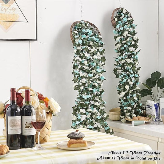 6 Pcs x 8.2 ft Flower Garland Artificial Rose Vine Flowers with Green Leaves Hanging Fake Roses Vine for Room Party Home Wedding Birthday Christmas Wall Arch Decor, White Blue Flower
