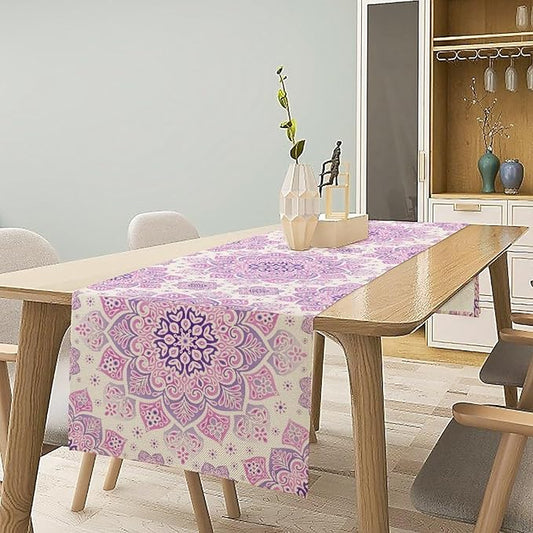 Purple Pink Mandala Table Runner, Traditional Indian Boho Mandala Flowers Print Table Runne for Kitchen Dining Table Office Wedding Party Holiday Home Decor, 13x108inch