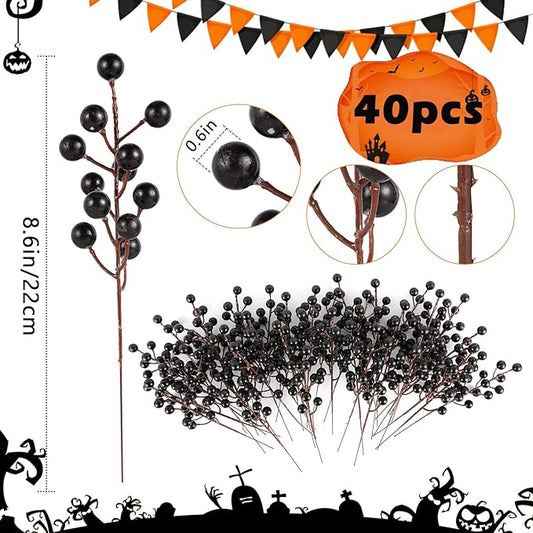 40 Pcs Artificial Berry Stems Branches, Halloween Black Faux Holly Berries Picks Ornaments for Christmas Tree Wreath DIY Craft Decorations Holiday Home Decor (40, Black)