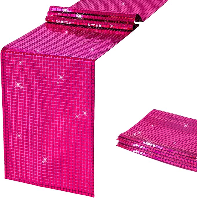 SquarePie Disco Table Runner Mirror Glitter Hot Pink Sequin Runner for 70s 80s Disco Dance Bachelorette Party Supplies Table Decorations (12x108 Inches ,2 Pack)