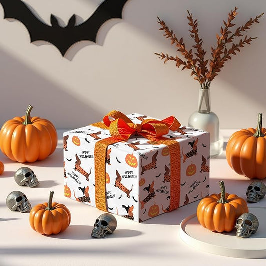 LeZakaa Halloween Dachshund Wrapping Paper Roll, Cute Dachshund Dogs with Pumpkins Bats for Pet Lovers, Kids, Family, Party, Trick-or-Treat Presents, Mini Roll 17 in x 16.4 Ft