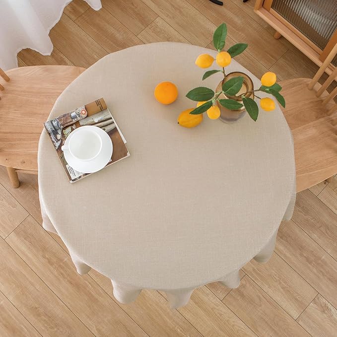 NLMUVW Round Linen Tablecloth 48 Inch - Textured Table Cloth Water Resistant Farmhouse Burlap Rustic Table Cover for Kitchen Dining Café,Champagne