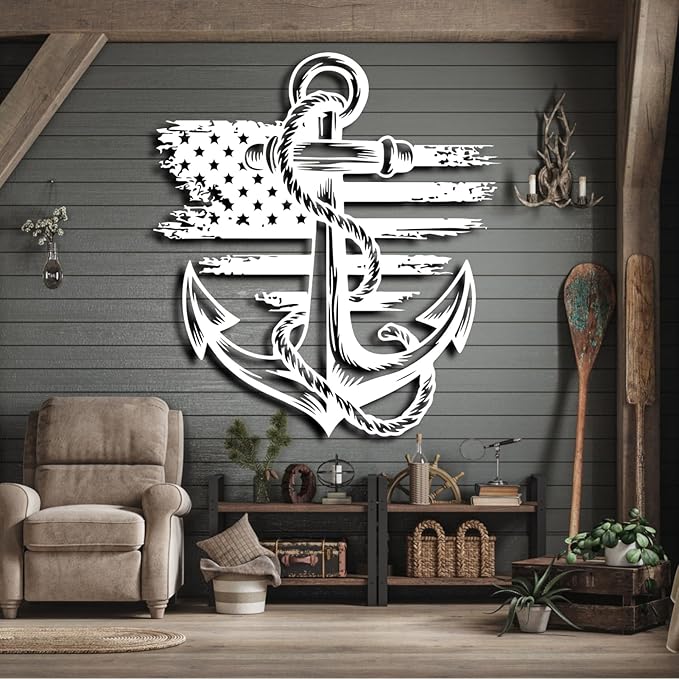 lunwall Metal Anchor Wall Decor, Anchor Metal Sign, Metal Anchor Decor, Anchor Metal Wall Art, Metal Nautical Wall Decor, Metal Wall Decor Coastal, Anchor Wall Decor (silver, 35L x 32W / 90 x 81 cm)