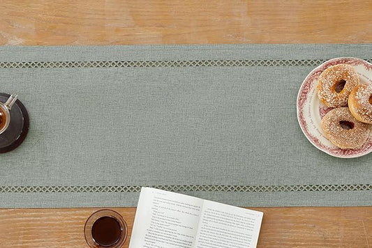 Burlap Style Farmhouse Table Runner, 13 x 48 Inch Grey, Rustic Geometric Hollow Table Runners 48 Inches Long for Dresser Table Everyday Use, 13x48 Inches, Grey