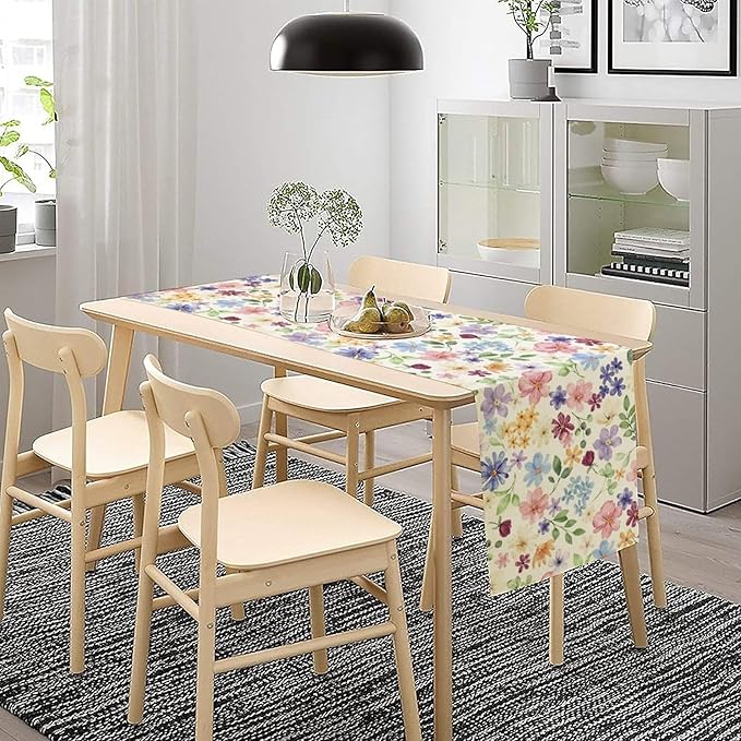 Floral Decorative Table Runner, Watercolor Floral Botanical Rustic Modern Style Pattern Printed Long Table Runner for Restaurant Kitchen Party,13in（33cm） W * 60in（152cm） L