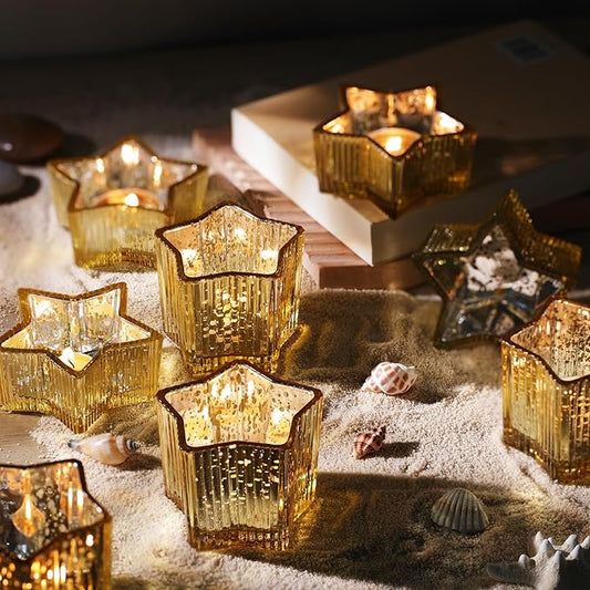 Letine 10pcs Gold Ribbed Candle Cups – Assorted Height Tea Light & Votive Candle Holders for Diwali, Wedding, Table Centerpiece, Fall & Holiday Decor – Lucky Star Jar (Tall 2.44", Short 1.57")