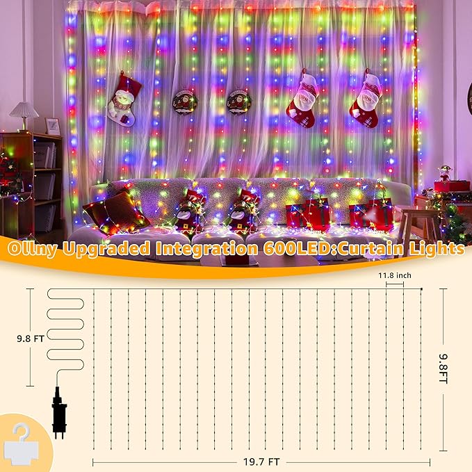 Ollny Curtain Lights 600LED 19.7ft x 9.8ft, IP67 Waterproof Outdoor Curtain Rice Lights with Remote, Plug-in Untangle Fairy Light with 8 Modes 3 Timers for Wall Waterfall Backdrop Decor(Multicolored)