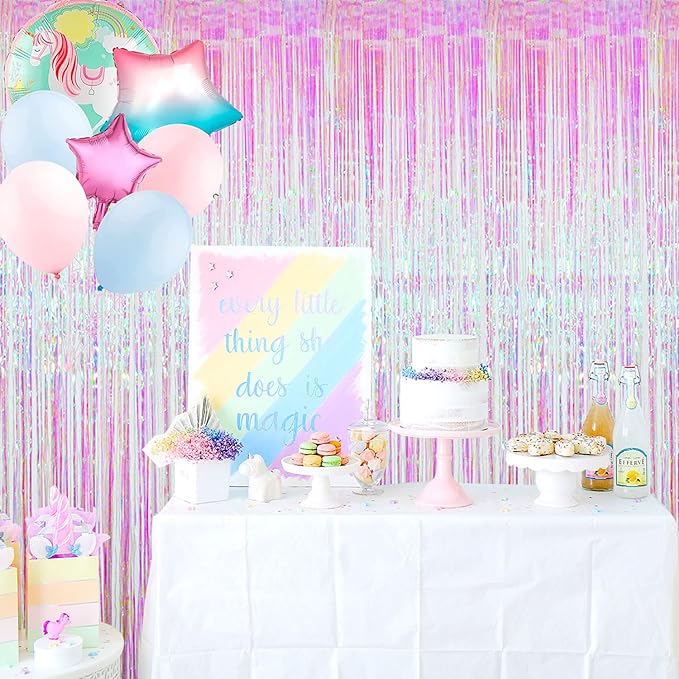 GOER 3.2 ft x 9.8 ft Metallic Tinsel Foil Fringe Curtains Party Photo Backdrop Party Streamers for Birthday,Graduation,New Year Eve Decorations Wedding Decor (Iridescent,5 pcs)