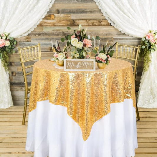 ShinyBeauty Gold Tablecloths 36X36 Inch, 2 Pieces Sequin Table Cloth for Party Sparkle Tablecloth Square Golden Small Shimmer Table Overlay for Wedding, Birthday, Holiday,Cake Tables