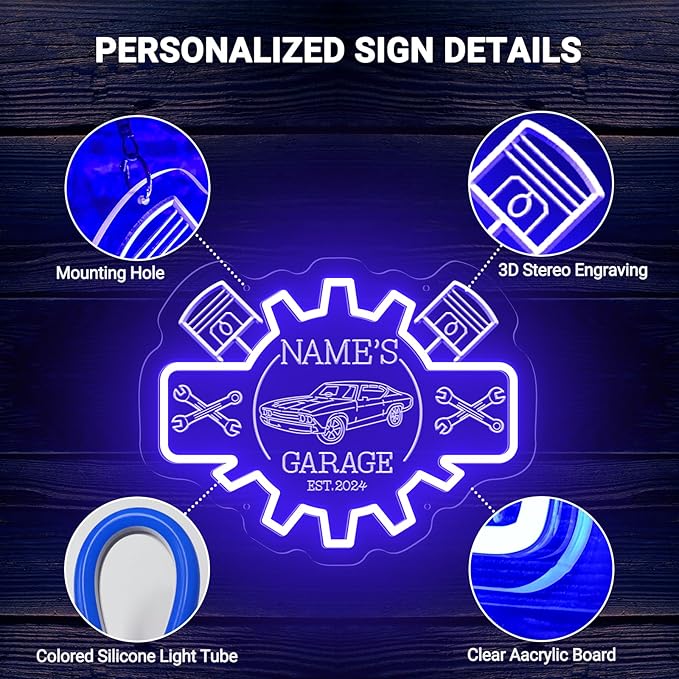 Custom Garage Neon Sign for Wall Decor, Personalized LED Garage Name Signs for Father's Day Gifts, Customized Dimmable Neon Lights for Workshop Carport Repair Shop Carbarn Man Cave Business