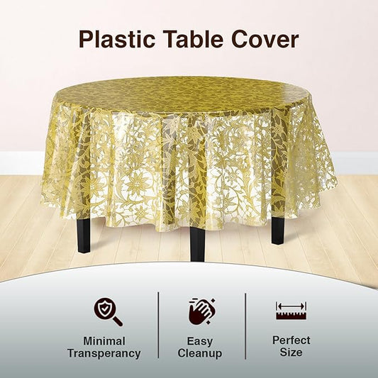 Exquisite Lace Table Cloth Round Table Plastic 12-Pack Lace Tablecloth Round 84" | Clear & Gold Floral Tablecloth Disposable | Wild Flower Party Decorations & Party Supplies