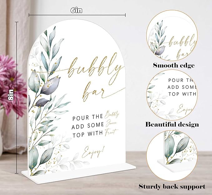 Acrylic Wedding Signs, Greenery Theme Bubbly Bar Sign, Wedding Reception Signage, Bridal Shower Table Decor with Stand, Engagement, Anniversary, Newlywed Events and Parties Supplies, 04